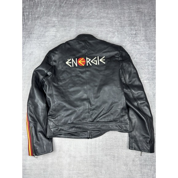 Vintage ENERGIE Jacket Mens 52 Black Leather Italian Motorcycle Cafe Racer Strip - Picture 9 of 14